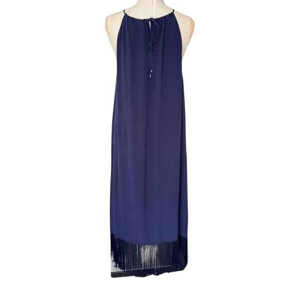 Trina Turk Kearney Silk Hi-Low Fringe Midi Dress in Navy Blue - Picture 6 of 9